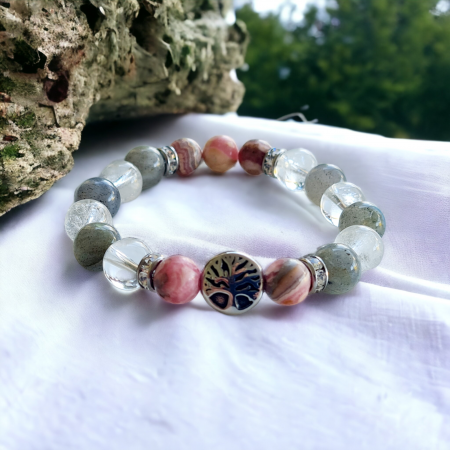 Bracelet rhodochrosite cristal de roche et labradorite